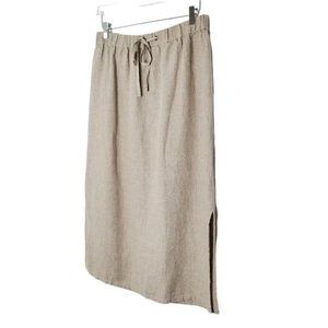 Eileen Fisher Organic Linen Midi Skirt S Tan Side Slits Lagenlook Retro Boho